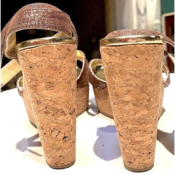 Jimmy Choo Papyrus Gold Copper Shimmer Leather Cork Wedge Sandals Ankle 38.5 - Picture 11 of 12